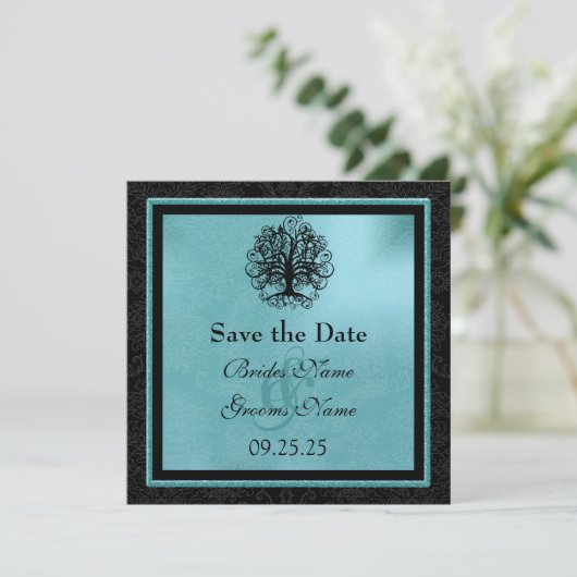 Schwarz und Aqua Swirl Liebe Tree Wedding Rett The Save The Date (Stehend Vorderseite)