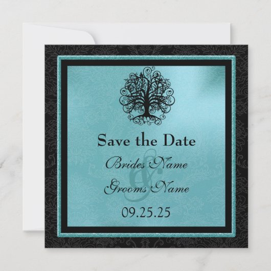 Schwarz und Aqua Swirl Liebe Tree Wedding Rett The Save The Date (Vorderseite)