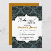 Schwarz und Aquamarin Damask Hochzeitsessen Probe Einladung (Vorne/Hinten)