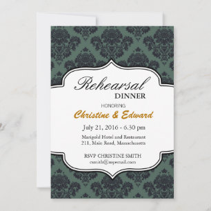 Schwarz und Aquamarin Damask Hochzeitsessen Probe Einladung