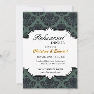 Schwarz und Aquamarin Damask Hochzeitsessen Probe Einladung