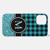 Schwarz und Aquamariner Glitzer Buffalo Kariert Mo Case-Mate iPhone Hülle (Rückseite (Horizontal))