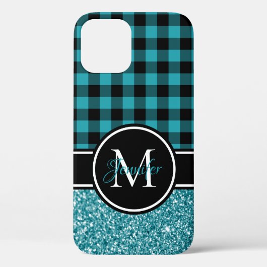 Schwarz und Aquamariner Glitzer Buffalo Kariert Mo Case-Mate iPhone Hülle (Rückseite)
