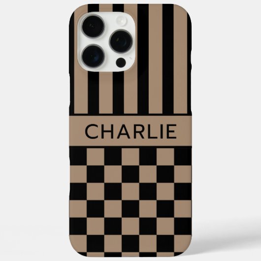 Schwarz und Beige Kariert Gestreift Personalisiert Case-Mate iPhone Hülle (Rückseite)