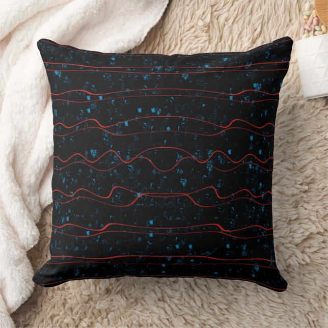 Schwarz und Blau mit Wavy Red Lines Kissen (Decke)
