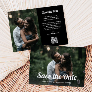 Schwarz und Boho Schrift Zwei Fotos und QR-Code Save The Date
