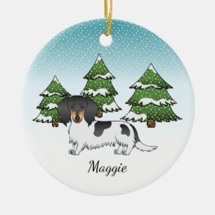 Schwarz und Brauner Pied Langhaar-Dachshund im Win Keramik Ornament