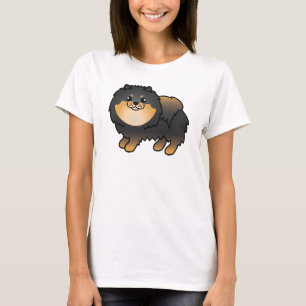Schwarz und Brauner Pomeranian Süßer Cartoon-Hund T-Shirt