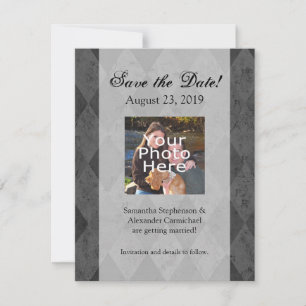 Schwarz und Charcoal Harlequin mit Skript Save The Date