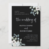 Schwarz und Dusty Blue Floral | Wasserfarbenhochze Einladung (Vorderseite)
