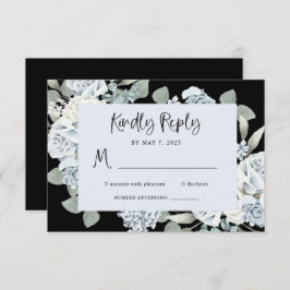 Schwarz und Dusty Blue Floral | Wasserfarbenhochze RSVP Karte