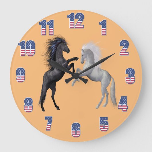 Schwarz und ein weißes Pferd, das kämpft Große Wanduhr (Vorderseite)