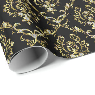 Schwarz und falscher Goldglitter Floral Damast Geschenkpapier