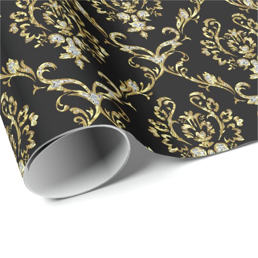 Schwarz und falscher Goldglitter Floral Damast Geschenkpapier (Rolleneckpunkt)