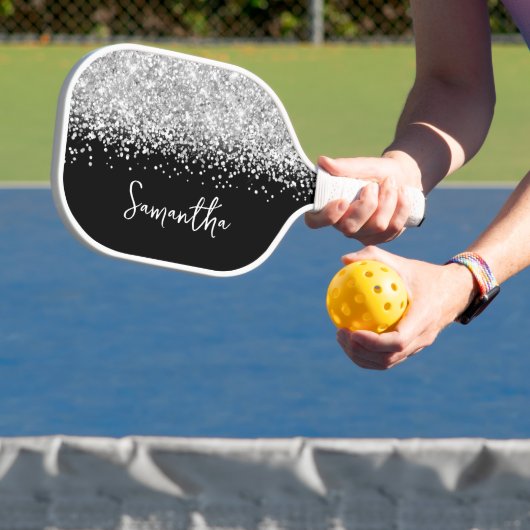 Schwarz und Glittery Silver Glam Script Name Pickleball Schläger (InSitu)
