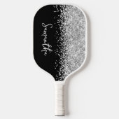 Schwarz und Glittery Silver Glam Script Name Pickleball Schläger (Vorderseite)