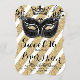 Schwarz und Glitzer Gold Masquerade Sweet 16 Einladung