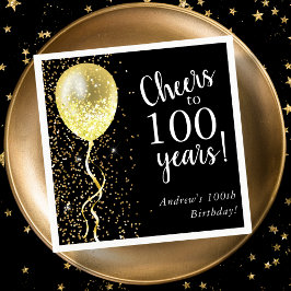 Schwarz und Gold | 100. Glitzer Ballon Geburtstag Serviette