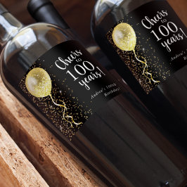 Schwarz und Gold | 100. Glitzer Ballon Geburtstag Weinetikett