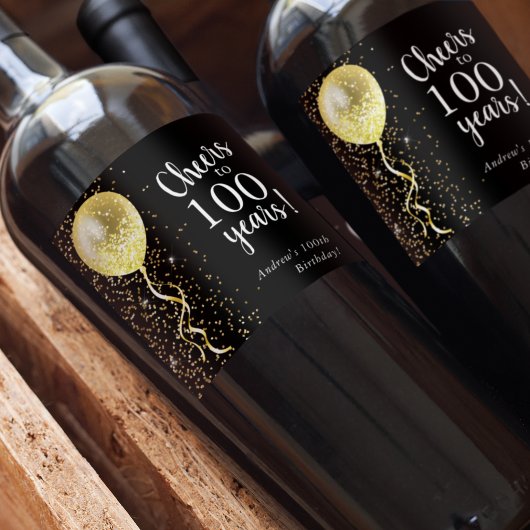Schwarz und Gold | 100. Glitzer Ballon Geburtstag Weinetikett