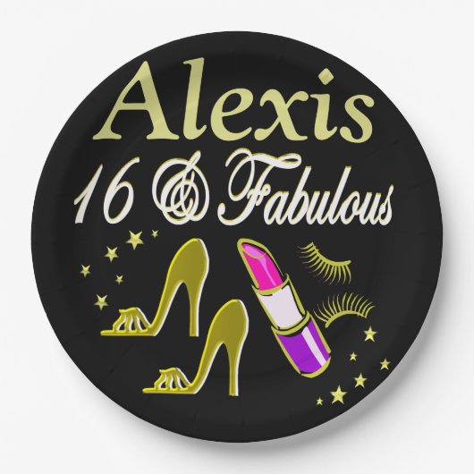 SCHWARZ UND GOLD 16. GEBURTSTAG PERSONALISIERTE TE PAPPTELLER (Vorderseite)