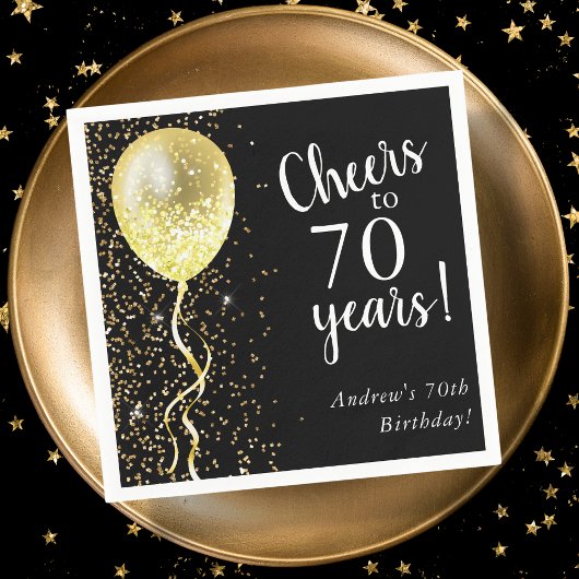 Schwarz und Gold | 70. Glitzer Ballon Geburtstag Serviette