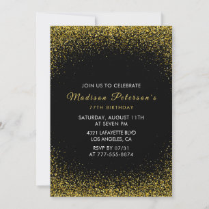 Schwarz und Gold 77. Geburtstag Glam Glitter Einladung
