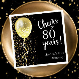 Schwarz und Gold | 80. Glitzer Ballon Geburtstag Serviette