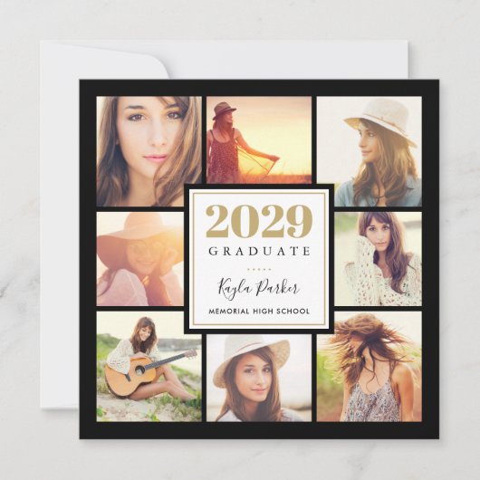 Schwarz und Gold | 8 Foto Square Graduation Party Ankündigung (Vorderseite)