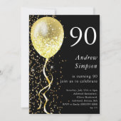 Schwarz und Gold | 90. Glitzer Ballon Geburtstag Einladung (Vorderseite)