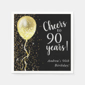 Schwarz und Gold | 90. Glitzer Ballon Geburtstag Serviette (Vorderseite)