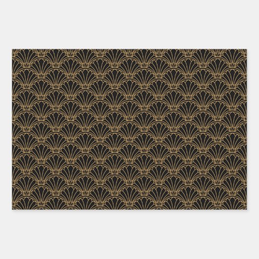 Schwarz und Gold Art Deco Fan Blume Motif Geschenkpapier Set (Vorderseite 2)