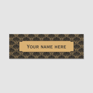 Schwarz und Gold Art Deco Fan Blume Motif Namensschild