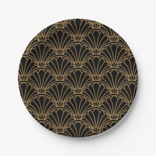 Schwarz und Gold Art Deco Fan Blume Motif Pappteller