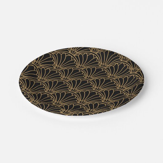 Schwarz und Gold Art Deco Fan Blume Motif Pappteller (Schrägansicht)