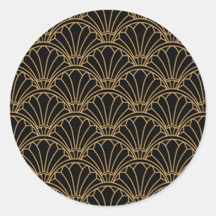 Schwarz und Gold Art Deco Fan Blume Motif Runder Aufkleber