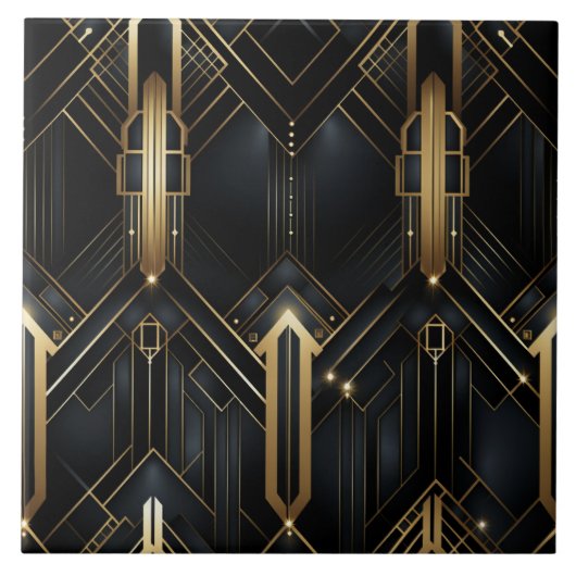 Schwarz und Gold Art Deco, geometrischer Spaß Fliese (Vorderseite)