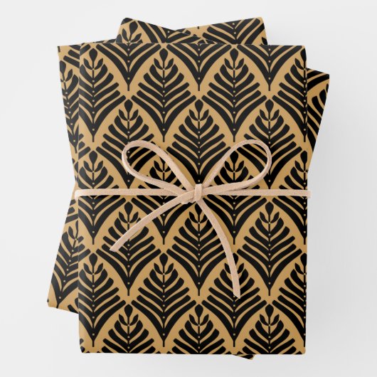Schwarz und Gold Art Deco Lüftermuster Blume Geschenkpapier Set (Beispiel)