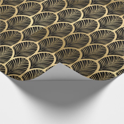 Schwarz und Gold Art Deco Palm Leaf Muster Geschenkpapier (Ecke)