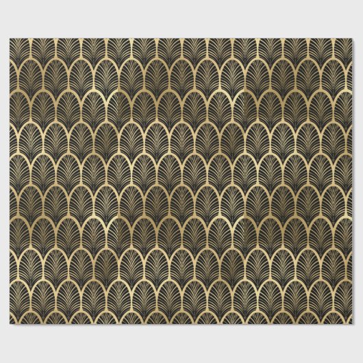 Schwarz und Gold Art Deco Palm Leaf Muster Geschenkpapier (Flach)
