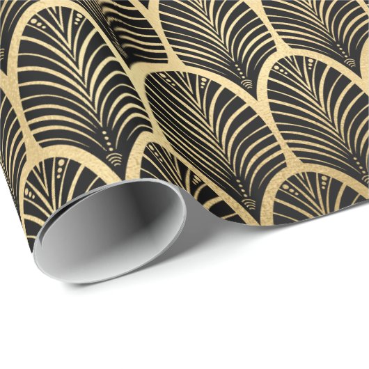 Schwarz und Gold Art Deco Palm Leaf Muster Geschenkpapier (Rolleneckpunkt)