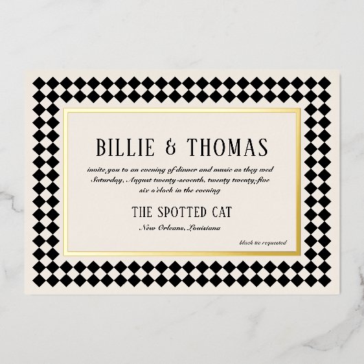 Schwarz und Gold auf dem ivorischen Schachbrett - Folieneinladung (Vorderseite)