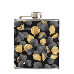 Schwarz und Gold Blätter. Muster Flachmann