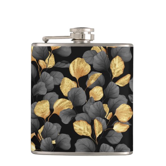 Schwarz und Gold Blätter. Muster Flachmann (Vorderseite)