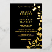 Schwarz und Gold Blumen Moderne Elegante Hochzeit Folieneinladung (Vorderseite)