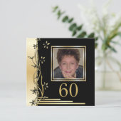 Schwarz und Gold Blüte 60. Geburtstag Einladung (Stehend Vorderseite)