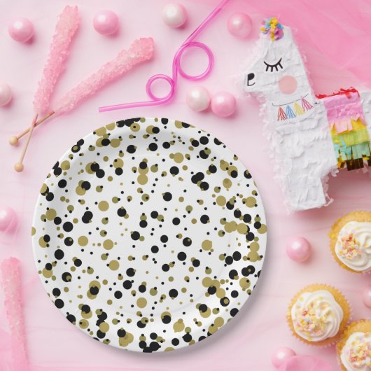 Schwarz und Gold Confetti Dot Pattern Modernes Ein Pappteller (Party)