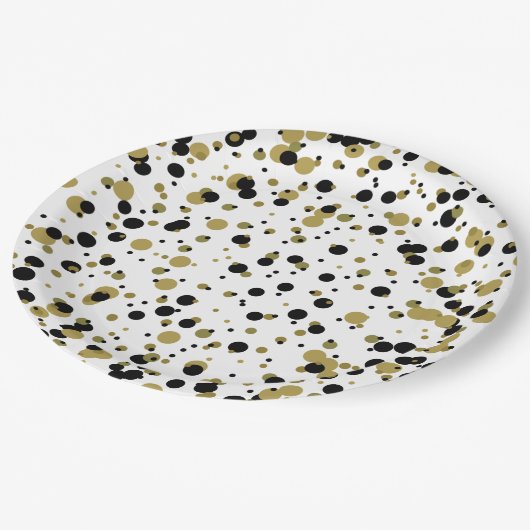 Schwarz und Gold Confetti Dot Pattern Modernes Ein Pappteller (Schrägansicht)