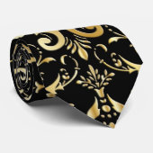 Schwarz und Gold Damask Muster Neck Tie Krawatte (Gerollt)