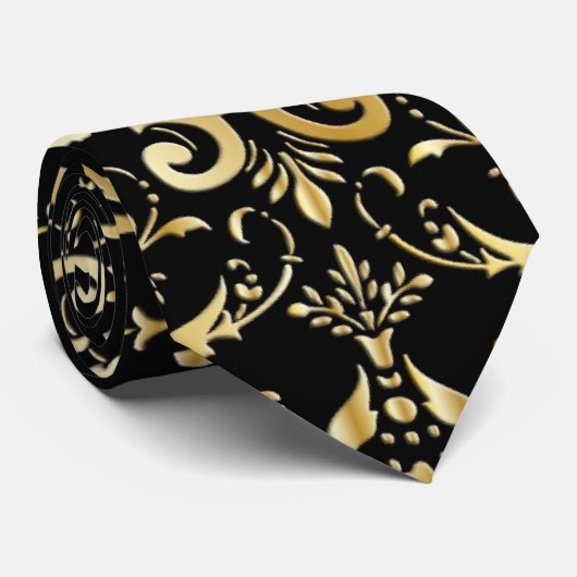 Schwarz und Gold Damask Muster Neck Tie Krawatte (Gerollt)